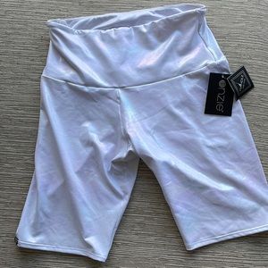 Onzie high rise metallic white biker shorts.